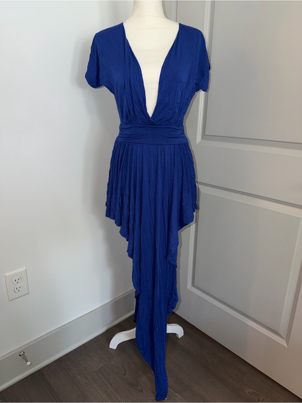 Goodtime USA Royal Blue Cobalt Handkerchief Hemline Avant-Garde Draped Maxi Dres